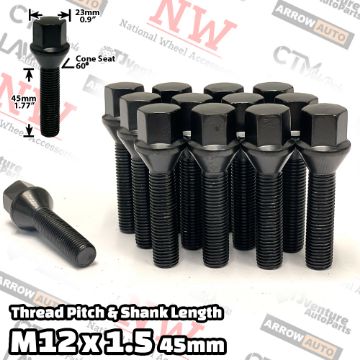 Show details for 10-Piece Set | Black | 12x1.5 Thread | 45mm Extended Shank | Cone Seat | Wheel Lug Bolts | Fit BMW & More with 15-20mm Spacers Picture of 10-Piece Set | Black | 12x1.5 Thread | 45mm Extended Shank | Cone Seat | Wheel Lug Bolts | Fit BMW & More with 15-20mm Spacers