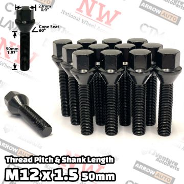 Show details for 20-Piece Set | Black | 12x1.5 Thread | 50mm Extended Shank | Cone Seat | Wheel Lug Bolts | Fit BMW & More with 20-25mm Spacers Picture of 20-Piece Set | Black | 12x1.5 Thread | 50mm Extended Shank | Cone Seat | Wheel Lug Bolts | Fit BMW & More with 20-25mm Spacers