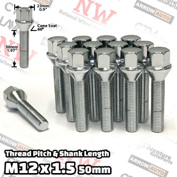 Show details for 20-Piece Set | Chrome | 12x1.5 Thread | 50mm Extended Shank | Cone Seat | Wheel Lug Bolts | Fit BMW & More with 20-25mm Spacers Picture of 20-Piece Set | Chrome | 12x1.5 Thread | 50mm Extended Shank | Cone Seat | Wheel Lug Bolts | Fit BMW & More with 20-25mm Spacers
