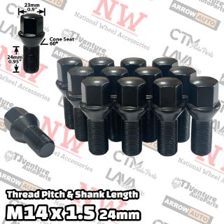 Picture of 10-Piece Set | Black | 14x1.5 Thread | 24mm Shank | Cone Seat | Wheel Lug Bolts | Fit Mercedes Audi Volkswagen Porsche Bentley Aftermarket Wheels