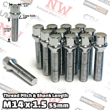 Show details for 20-Piece Set | Chrome | 14x1.5 Thread | 55mm Extended Shank | Cone Seat | Wheel Lug Bolts | Fit Mercedes Audi Volkswagen Porsche Bentley Aftermarket Wheels with 25-30mm Spacer Picture of 20-Piece Set | Chrome | 14x1.5 Thread | 55mm Extended Shank | Cone Seat | Wheel Lug Bolts | Fit Mercedes Audi Volkswagen Porsche Bentley Aftermarket Wheels with 25-30mm Spacer