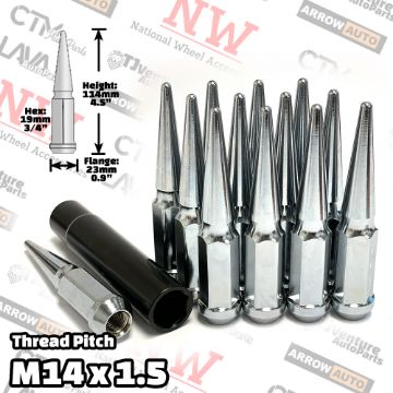 Show details for 24-Piece Set | 4.5” Tall | Chrome | 14x1.5 Thread | 3/4” Hex Drive Drive | Spike Lug Nuts | Plus Security Socket Picture of 24-Piece Set | 4.5” Tall | Chrome | 14x1.5 Thread | 3/4” Hex Drive Drive | Spike Lug Nuts | Plus Security Socket