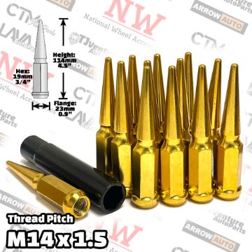 Show details for 24-Piece Set | 4.5” Tall | Gold | 14x1.5 Thread | 3/4” Hex Drive Drive | Spike Lug Nuts | Plus Security Socket Picture of 24-Piece Set | 4.5” Tall | Gold | 14x1.5 Thread | 3/4” Hex Drive Drive | Spike Lug Nuts | Plus Security Socket