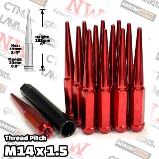 Picture of 24-Piece Set | 6” Extra Tall | Red | 14x1.5 Thread | 3/4” Hex Drive Drive | Spike Lug Nuts | Plus Security Socket