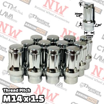 Show details for Wholesales | 50-Piece Box | Chrome | 14x1.5 Thread | 6 Spline Tuner Locker | Extended Thread (ET) Style | Wheel Lug Nuts Picture of Wholesales | 50-Piece Box | Chrome | 14x1.5 Thread | 6 Spline Tuner Locker | Extended Thread (ET) Style | Wheel Lug Nuts