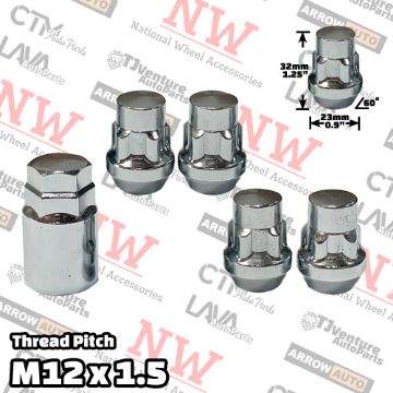 Show details for Wholesales | 20-Sets | 1.25” Tall | Chrome | 12x1.5 Thread | Bulge Acorn | 5-Point Anti-Theft Wheel Lock Lug Nuts | Plus Security Key Picture of Wholesales | 20-Sets | 1.25” Tall | Chrome | 12x1.5 Thread | Bulge Acorn | 5-Point Anti-Theft Wheel Lock Lug Nuts | Plus Security Key