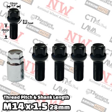 Show details for Wholesales | 20-Set | Black | 14x1.5 Thread | 28mm Shank | R13 Ball Seat | 5-Point Anti-Thieft Wheel Lock Lug Bolts | Fit Mercedes Audi Volkswagen Porsche Bentley Stock Wheels | Plus Security Key Picture of Wholesales | 20-Set | Black | 14x1.5 Thread | 28mm Shank | R13 Ball Seat | 5-Point Anti-Thieft Wheel Lock Lug Bolts | Fit Mercedes Audi Volkswagen Porsche Bentley Stock Wheels | Plus Security Key