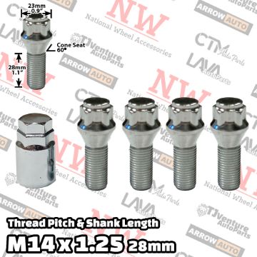 Show details for Wholesales | 20-Set | Chrome | 14x1.25 Thread | 28mm Shank | Cone Seat | 5-Point Anti-Thieft Wheel Lock Lug Bolts | Fit BMW Mini Toyota Supra | Plus Security Key Picture of Wholesales | 20-Set | Chrome | 14x1.25 Thread | 28mm Shank | Cone Seat | 5-Point Anti-Thieft Wheel Lock Lug Bolts | Fit BMW Mini Toyota Supra | Plus Security Key