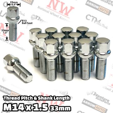 Show details for Wholesales | 100-Piece Box | Chrome | 14x1.5 Thread | 33mm Extended Shank | R13 Ball Seat | Wheel Lug Bolts | Fit Mercedes Audi Volkswagen Porsche Bentley Stock Wheels with Spacers Picture of Wholesales | 100-Piece Box | Chrome | 14x1.5 Thread | 33mm Extended Shank | R13 Ball Seat | Wheel Lug Bolts | Fit Mercedes Audi Volkswagen Porsche Bentley Stock Wheels with Spacers