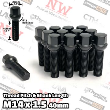 Show details for Wholesales | 100-Piece Box | Black | 14x1.5 Thread | 40mm Extended Shank | R13 Ball Seat | Wheel Lug Bolts | Fit Mercedes Audi Volkswagen Porsche Bentley Stock Wheels with Spacers Picture of Wholesales | 100-Piece Box | Black | 14x1.5 Thread | 40mm Extended Shank | R13 Ball Seat | Wheel Lug Bolts | Fit Mercedes Audi Volkswagen Porsche Bentley Stock Wheels with Spacers