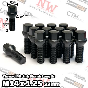 Show details for Wholesales | 100-Piece Box | Black | 14x1.25 Thread | 33mm Extended Shank | Cone Seat | Wheel Lug Bolts | Fit BMW Mini Toyota Supra with 3-8mm Spacers Picture of Wholesales | 100-Piece Box | Black | 14x1.25 Thread | 33mm Extended Shank | Cone Seat | Wheel Lug Bolts | Fit BMW Mini Toyota Supra with 3-8mm Spacers