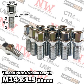 Show details for Wholesales | 200-Piece Box | Chrome | 14x1.5 Thread | 28mm Shank | Cone Seat | Wheel Lug Bolts | Fit Lexus ES Volvo & Mercedes Audi Volkswagen Porsche Bentley Aftermarket Wheels Picture of Wholesales | 200-Piece Box | Chrome | 14x1.5 Thread | 28mm Shank | Cone Seat | Wheel Lug Bolts | Fit Lexus ES Volvo & Mercedes Audi Volkswagen Porsche Bentley Aftermarket Wheels