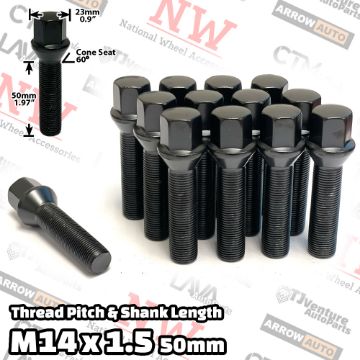 Picture of Wholesales | 100-Piece Box | Black | 14x1.5 Thread | 50mm Extended Shank | Cone Seat | Wheel Lug Bolts | Fit Lexus ES Volvo & Mercedes Audi Volkswagen Porsche Bentley Aftermarket Wheels with 20-25mm Spacers