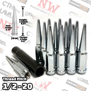 Show details for Wholesales | 4-Box of 24-Piece Set | 4.5” Tall | Chrome | 1/2-20 Thread | 3/4” Hex Drive Drive | Spike Lug Nuts | Plus Security Socket Picture of Wholesales | 4-Box of 24-Piece Set | 4.5” Tall | Chrome | 1/2-20 Thread | 3/4” Hex Drive Drive | Spike Lug Nuts | Plus Security Socket