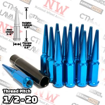 Show details for Wholesales | 4-Box of 24-Piece Set | 4.5” Tall | Blue | 1/2-20 Thread | 3/4” Hex Drive Drive | Spike Lug Nuts | Plus Security Socket Picture of Wholesales | 4-Box of 24-Piece Set | 4.5” Tall | Blue | 1/2-20 Thread | 3/4” Hex Drive Drive | Spike Lug Nuts | Plus Security Socket
