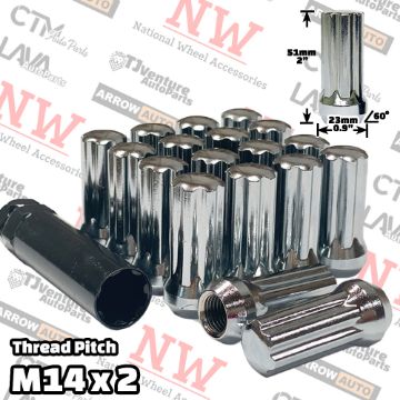 Picture of 28-Piece Set | 2” Tall | Chrome | 14x2 Thread | 7 Spline | Tuner Locker | Performance Wheel Lug Nuts | Plus Security Socket