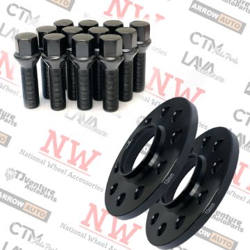 Picture of 4-Piece Set | 10mm Thick | 5x112mm | HubCentric Wheel Spacers | 66.56mm Center Bore | Black Extended 12x1.5 Conical Bolts | Fit Mercedes Aftermarket Wheels